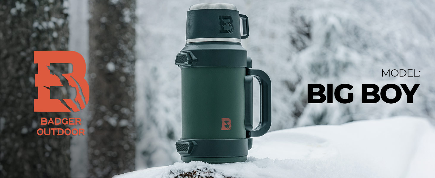 Термос Badger Outdoor Big Boy 1,3 л з нержавіючої сталі, із чайним ситечком, вакуумною ізоляцією, зберігає тепло до 24 годин, з ремінцем для перенесення, оливковий зелений