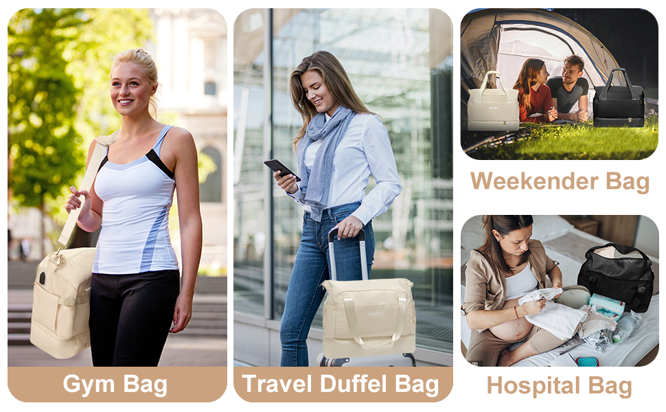 Дорожня спортивна сумка HenFit Weekender для жінок з відділенням для взуття та мокрих речей, бежева, для подорожей, фітнесу, йоги