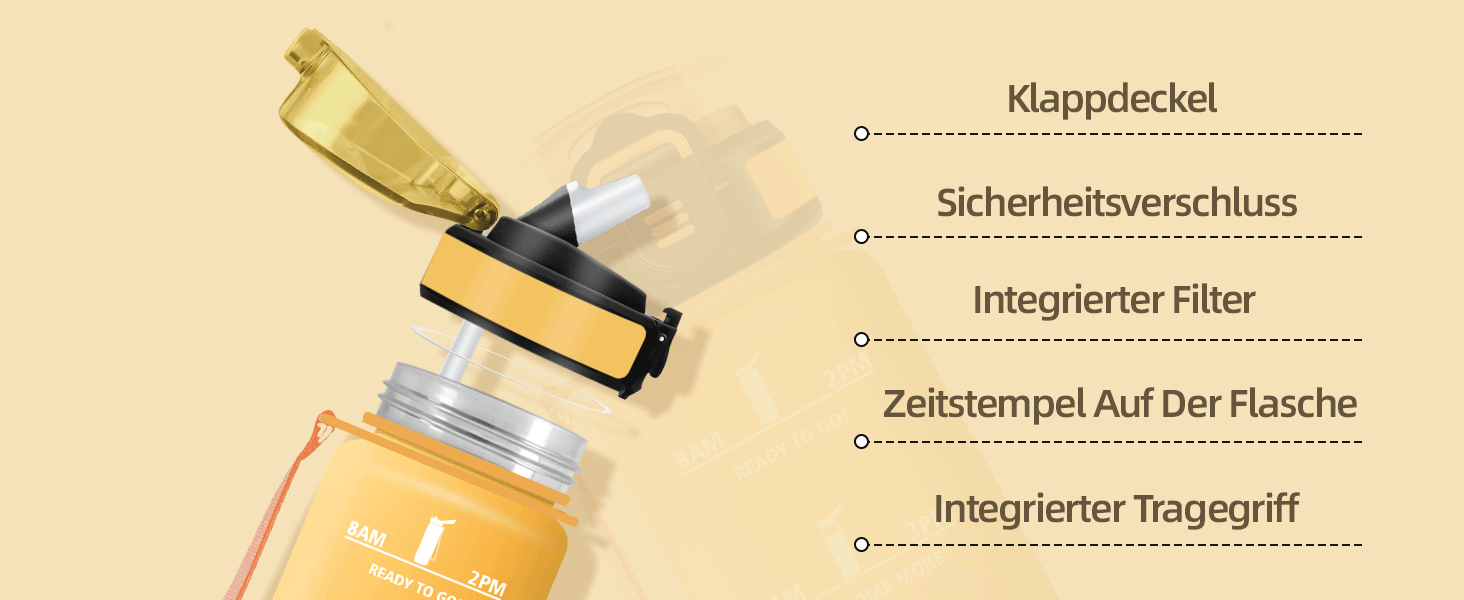 Фляга для води Motswedi з трубочкою, 1500 мл, BPA-Free, спортивна, не протікає, для фітнесу, школи, подорожей, офісу, жовтогаряча. Також доступна 500 мл рожево-блакитна