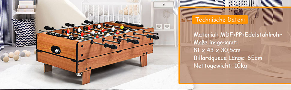 COSTWAY 4-в-1 ігровий стіл: пінг-понг, хокей, футбол, більярд, дерев'яний, для дітей та дорослих