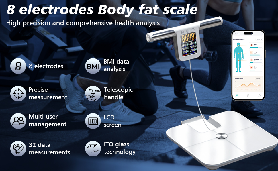 Вага для вимірювання жиру в тілі з датчиками на ручках, вага з великим дисплеєм, 8 високоточних сенсорів та APP, персональна вага з аналізом жиру (32 показники) (Біла)