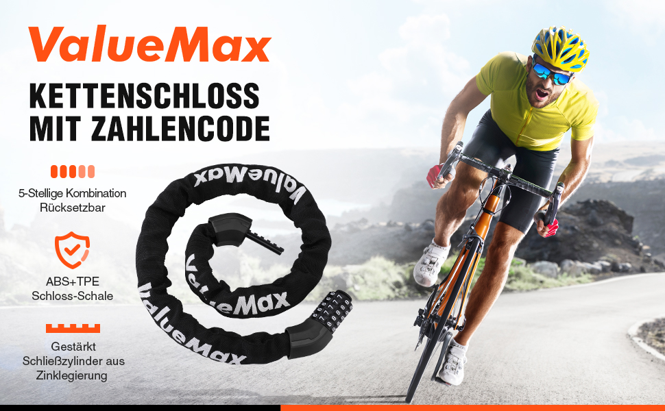 Замок для велосипеда ValueMax з кодовим замком, 100 см, 5-значний код, сталевий ланцюг 8 мм, чорний/білий
