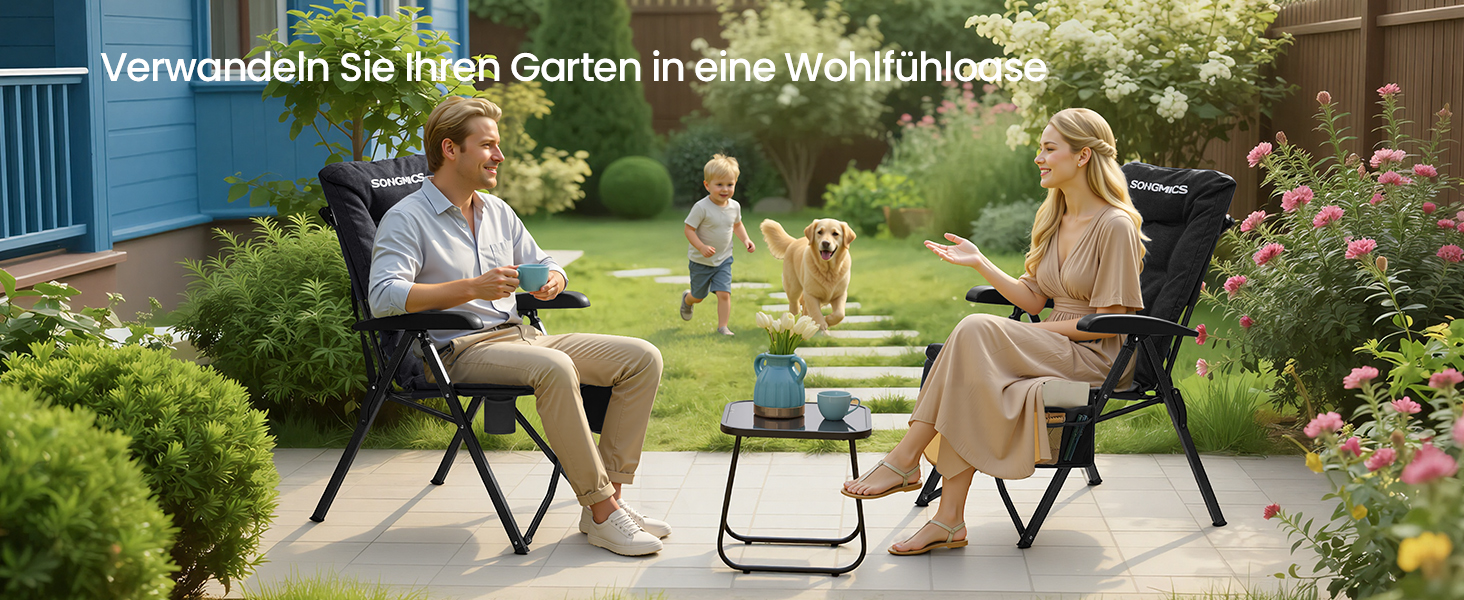 Складний туристичний стілець SONGMICS для відпочинку та риболовлі, чорний, з регульованою спинкою 95°-150°, з підстаканником та кишенею