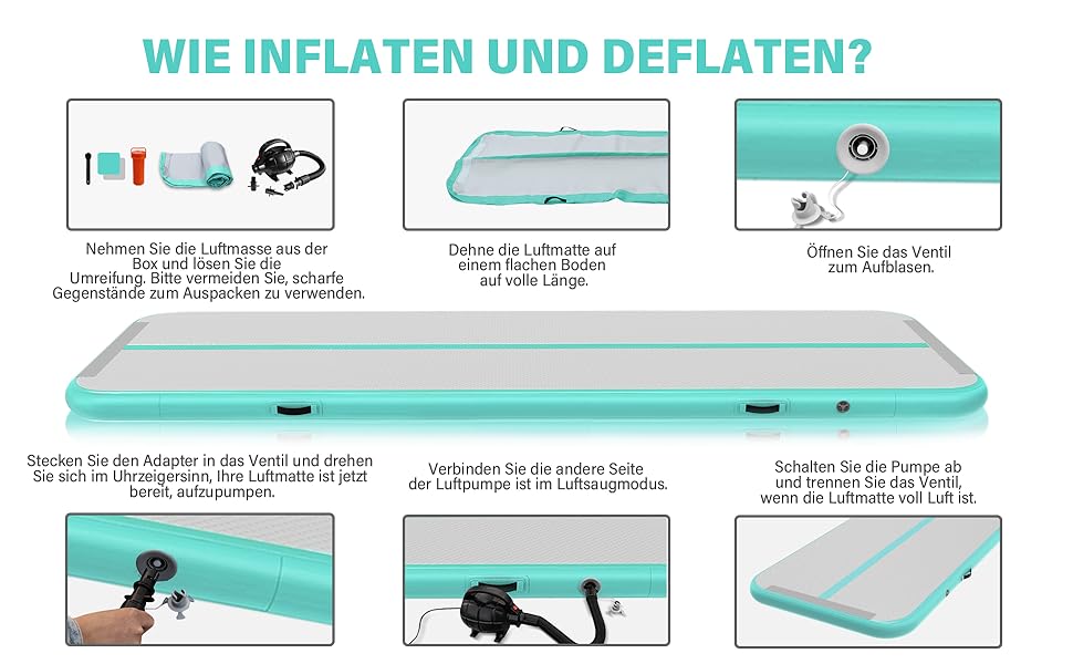 Надувний гімнастичний мат для дому, 300x100x10 см (м'ятно-зелений)