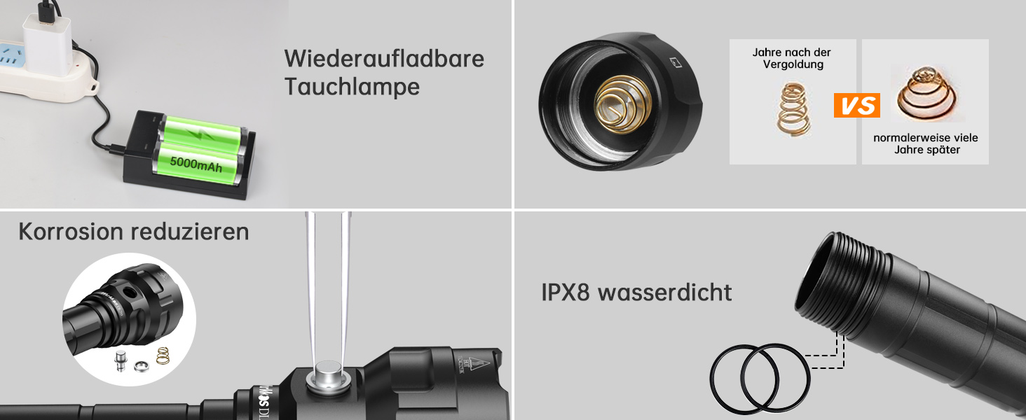 Ліхтар під водою Wurkkos Tauchlampe - 150 метрів, 5000 люмен, 4 LED LH351D, акумуляторний, з зарядним пристроєм
