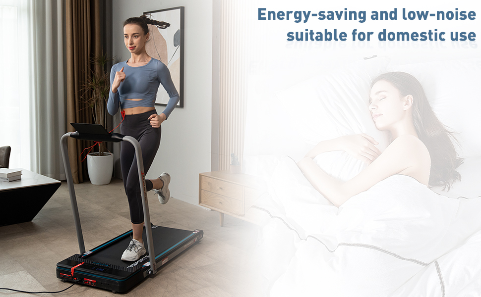 CITYSPORTS Складне електричне бігове полотно WP3 з підлокітниками, Bluetooth та аварійною зупинкою, швидкість до 12 км/год, чорно-синій колір