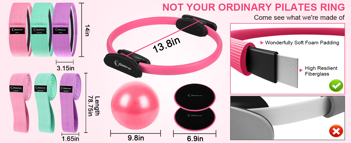 Набір для пілатесу: кільце, еластичні стрічки, фітбол, диски для ковзання, плакат з інструкцією. Комплект для домашніх тренувань. Рожевий, посилений