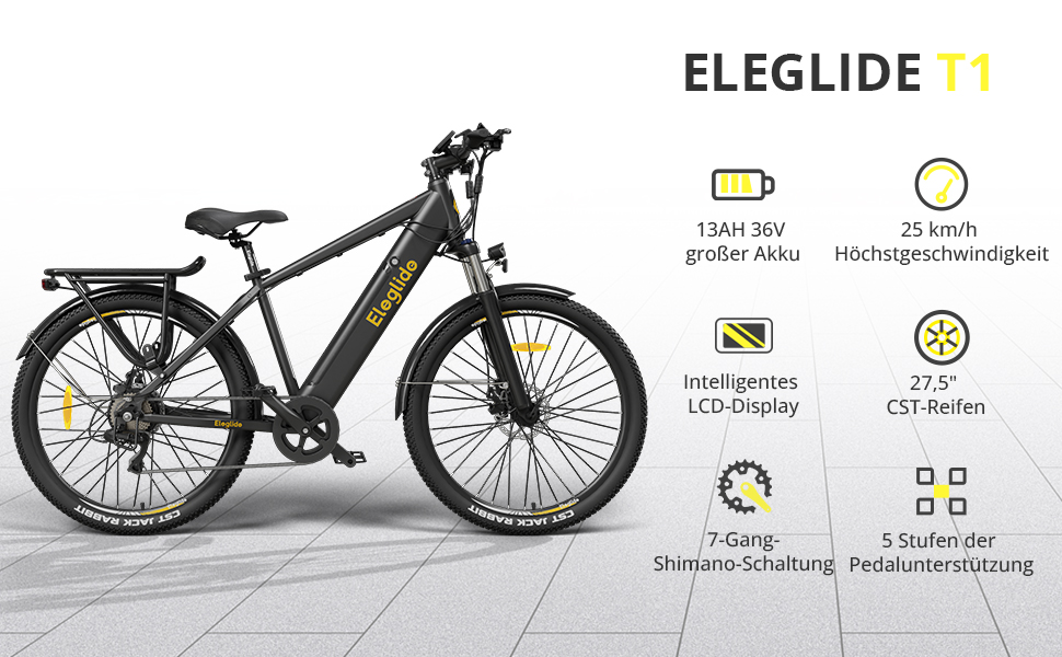 Електровелосипед  Eleglide T1 E-Bike 27,5", 13 Ач, 100 км, 250 Вт, 7-шв. Shimano