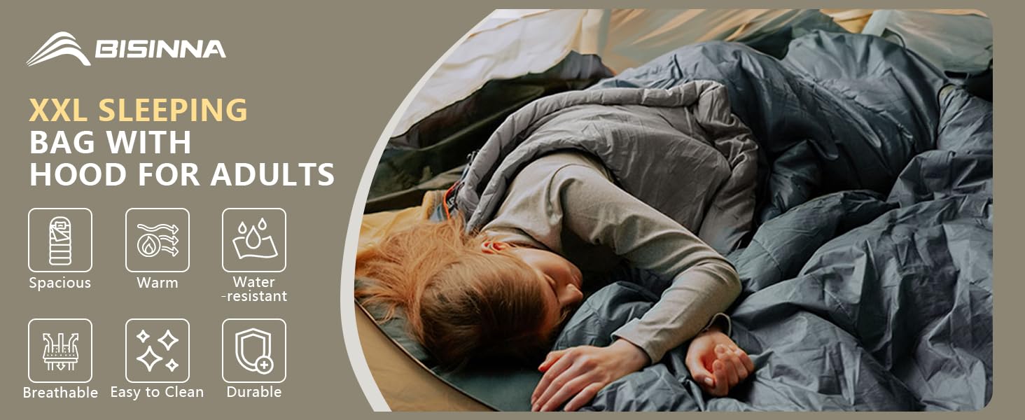 Спальний мішок BISINNA XXL для великих дорослих, 3-4 сезони, зимовий, теплий, для кемпінгу, сірий, 1.5 кг, блискавка справа