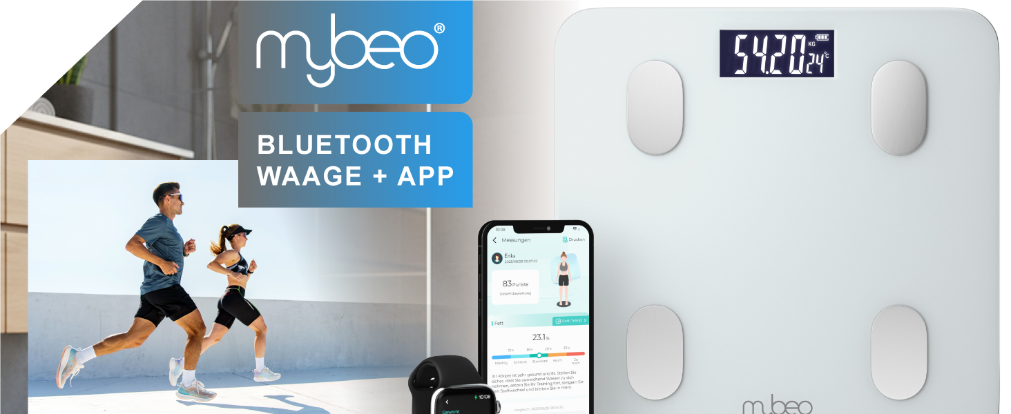 MyBEO Цифрова Bluetooth вага для аналізу складу тіла з додатком – вага для вимірювання ваги, BMI, жиру, м'язів – до 180 кг – LCD-дисплей – скляна поверхня 6 мм – біла