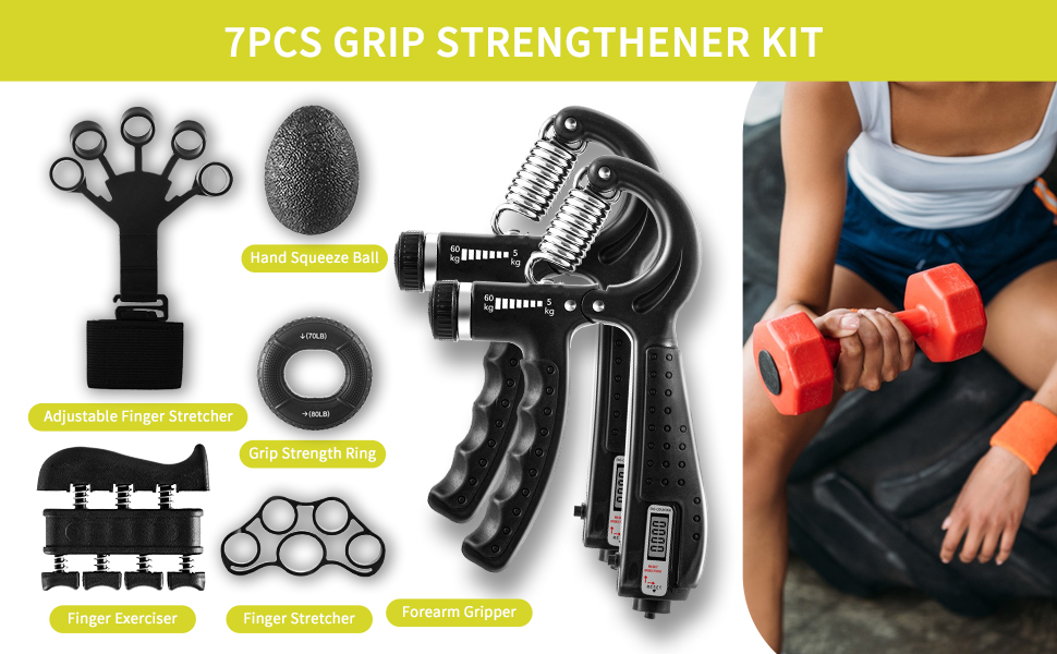 Набір для тренування сили хвата SOLUAME (7 шт.): підручники для пальців, м'ячик для стискання, кільце, регульовані підручники для підручників