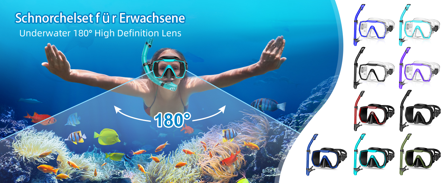 Набір для снорклінгу для дорослих: маска, трубка, регулятор, антизапітніння, антивитік, панорамний огляд, зелений
