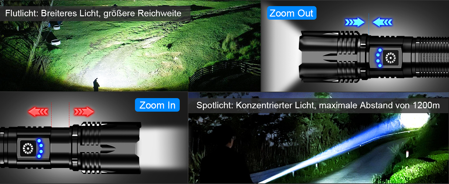 Тактичний ліхтарик LED 50000 люмен, USB-C, 24 години роботи, Zoom, 5 режимів, IP67, водонепроникний, для кемпінгу та туризму, чорний