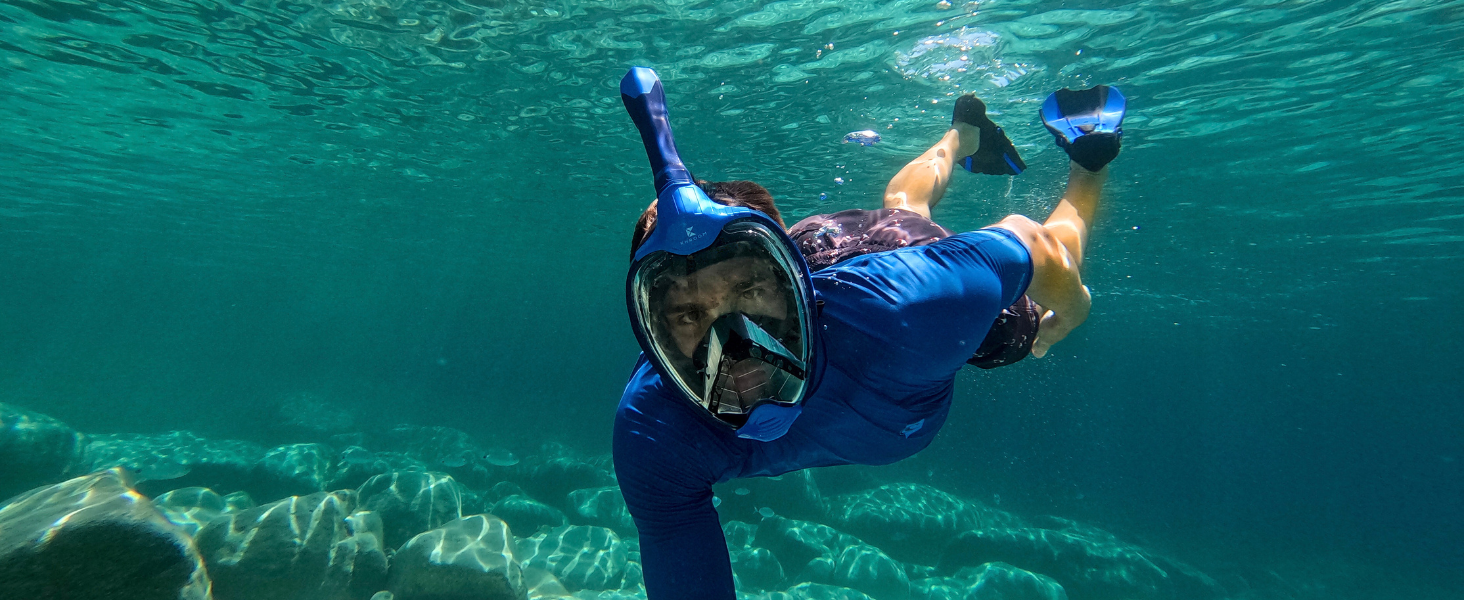Маска для снорклінгу Khroom Seaview X (L-XL, блакитна) з CO2-фільтром | Повнолицева маска для дайвінгу та снорклінгу для дорослих та дітей (від 1.60м)