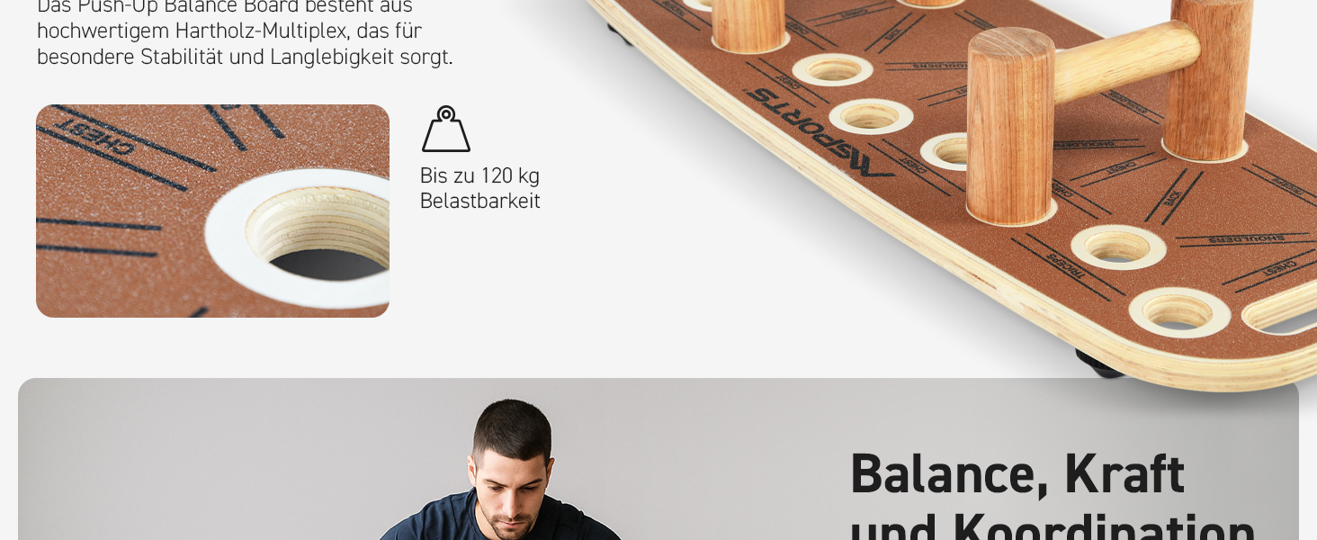 MSPORTS Push-Up Board Holz Premium: Дошка для віджимань з роликом – багатофункціональна дошка для тренування кора, балансу та сили – 15 положень, масивні ручки, антиковзаюча, обладнання для фітнесу для дому