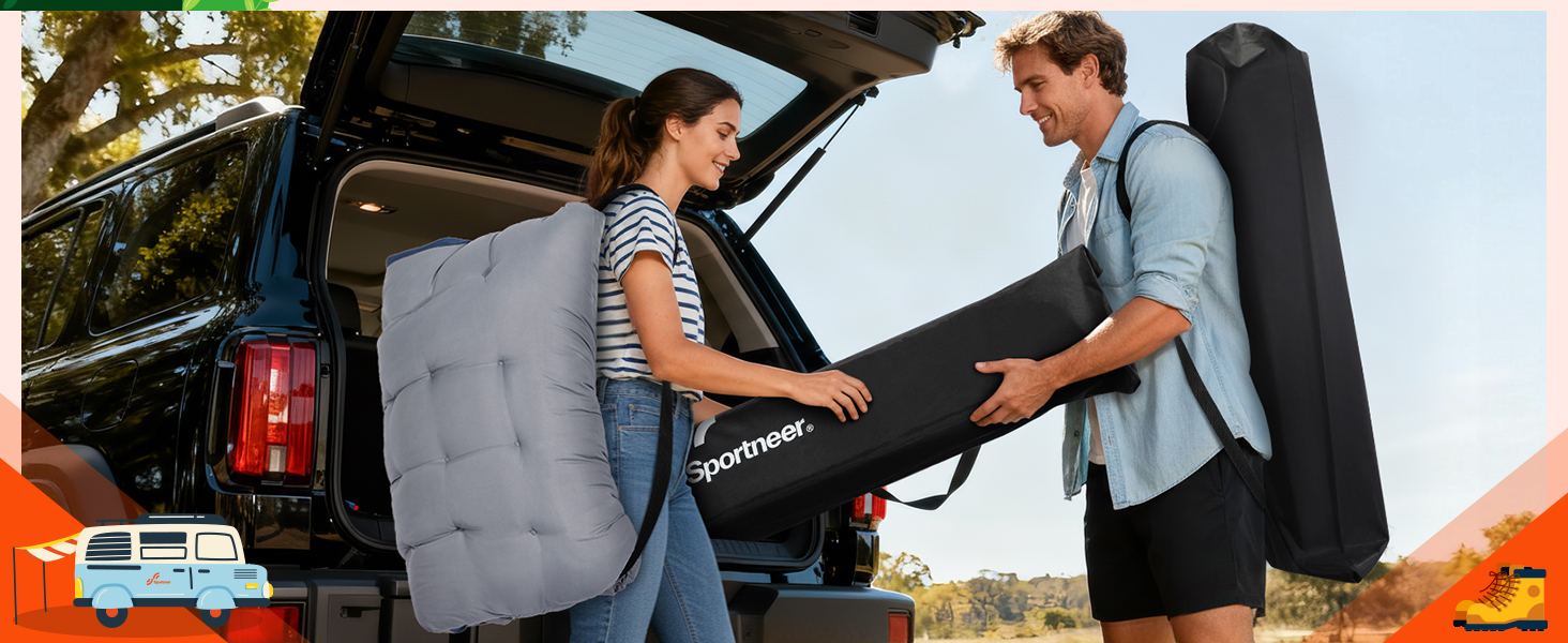 Розкладне ліжко Sportneer для кемпінгу та відпочинку: 200x81x47 см, чорне, з матрацом та сумкою для зберігання