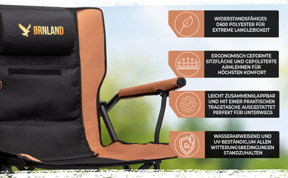 Складний туристичний стілець Ørnland для кемпінгу, риболовлі та пляжу - чорний/коричневий, до 150 кг, з кишенькою та підстаканником