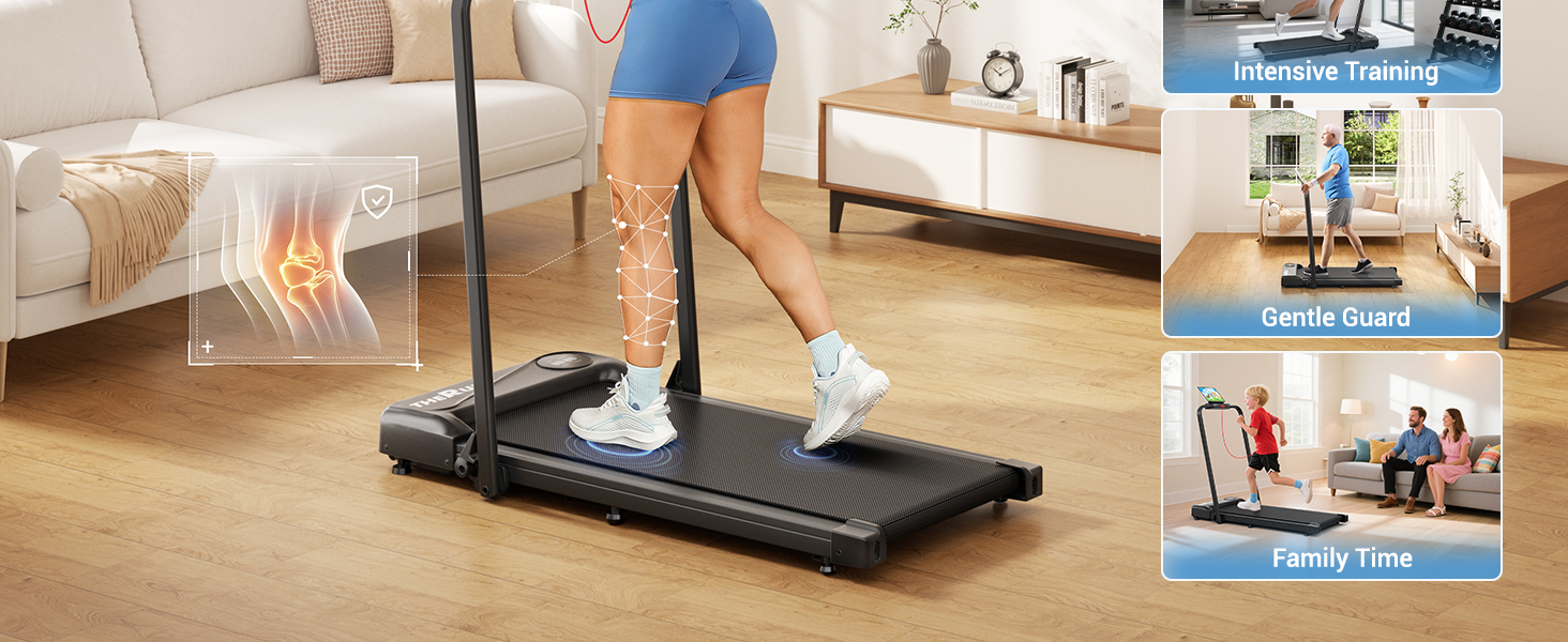 Біговий тренажер THERUN для дому, складний, Walking Pad, тихий з поручнем та LED-дисплеєм, до 10 км/год, подвійне амортизаційне з'єднання, біговий стіл для дому та офісу, не потребує збирання, чорний