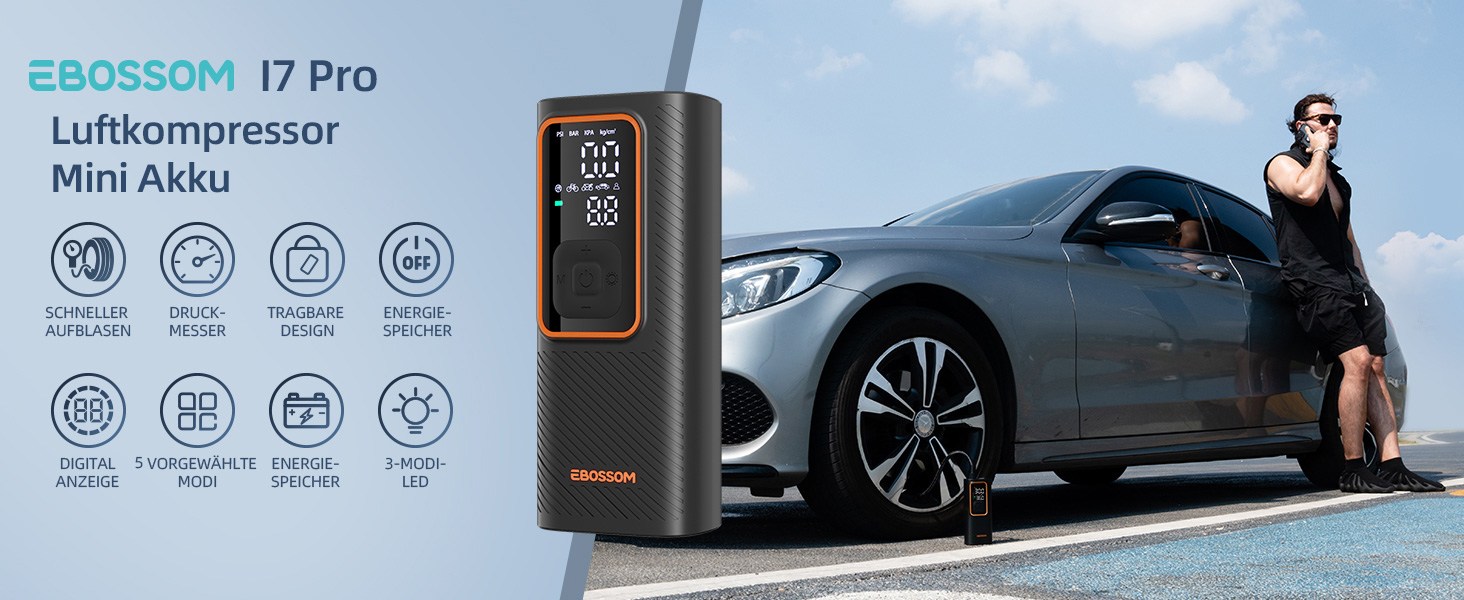 Електрична повітряна помпа 10.3 Bar з акумулятором, 6000mAh та 12V DC, для авто, мото, велосипеда, з LED-ліхтариком та автовимкненням (Оранжева, I7)