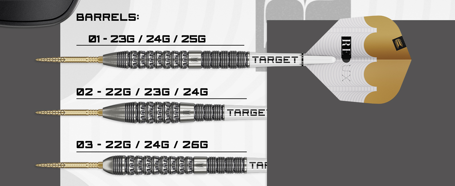 Дарти сталеві Target Darts Redux 90% Tungsten (22G/23G/24G/25G/26G) + пір'я Pro Ultra Nr. 6 + стержні Pro Grip + інструмент для ремонту