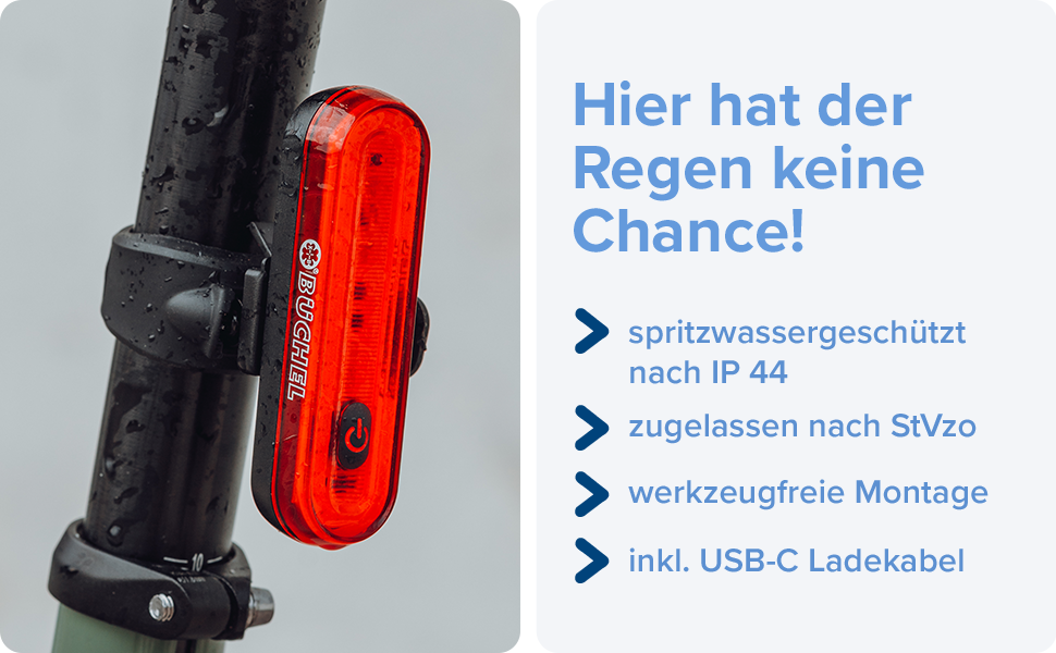Велосипедне заднє світло Büchel LED, акумуляторне, сертифіковане StVZO, для велосипеда та електровелосипеда, з функцією показу гальмування