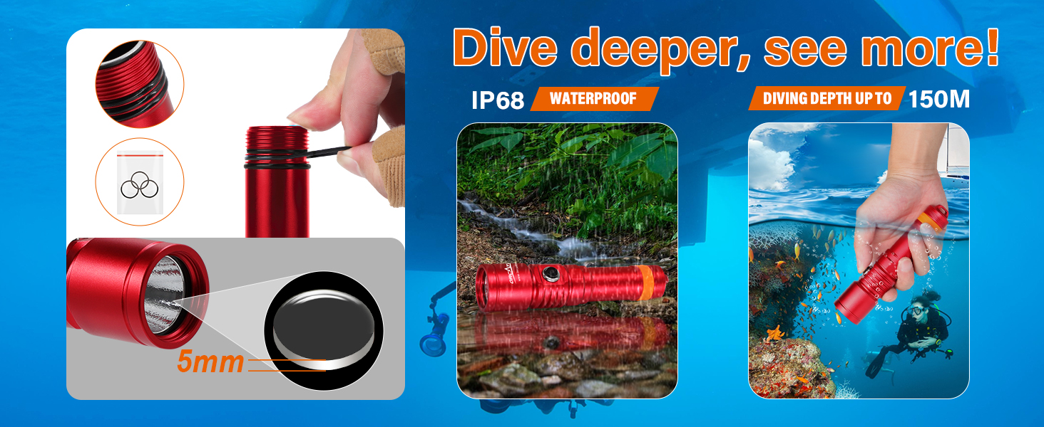 Ліхтар під водою ORCATORCH DC710 LED 3000 Lumen, USB-C, IP68, 150м, з вузьким променем (червоний)