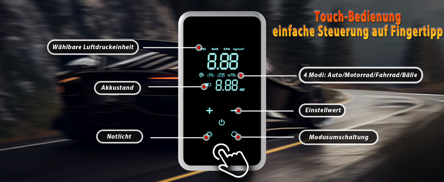 Портативний електричний компресор-насос з сенсорним екраном, 150 PSI, 4 режими, для авто, мотоцикла, велосипеда та м'ячів, Powerbank і LED-ліхтар
