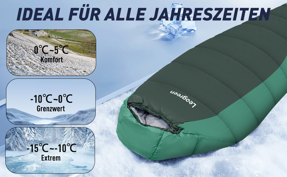Спальник Leogreen пуховий для дорослих, 3-4 сезони (-15℃ ~ +5℃), 300 GSM, 1800г, для кемпінгу, туризму та альпінізму, 210x80x35 см (Зелений)