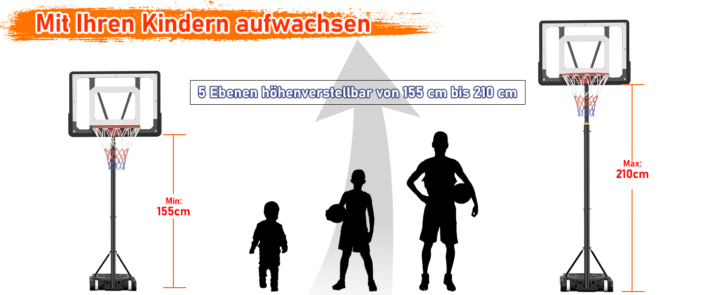 Баскетбольний кошик для вулиці, дитячий, регульована висота 150-210 см, стійка з міцною задня стінкою 80x60 см, збільшена база та колеса, чорний