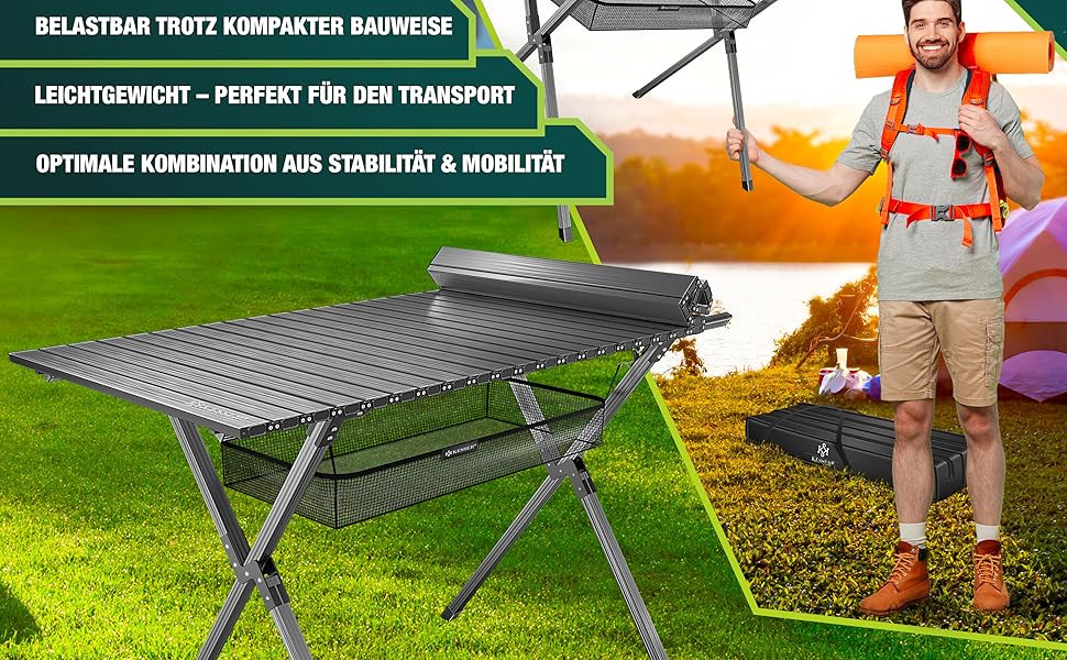 Стол для кемпінгу KESSER® розкладний, з алюмінієвим каркасом, регулювання висоти, 120x70 см, до 100 кг, з сумкою та сітчастою кишенею