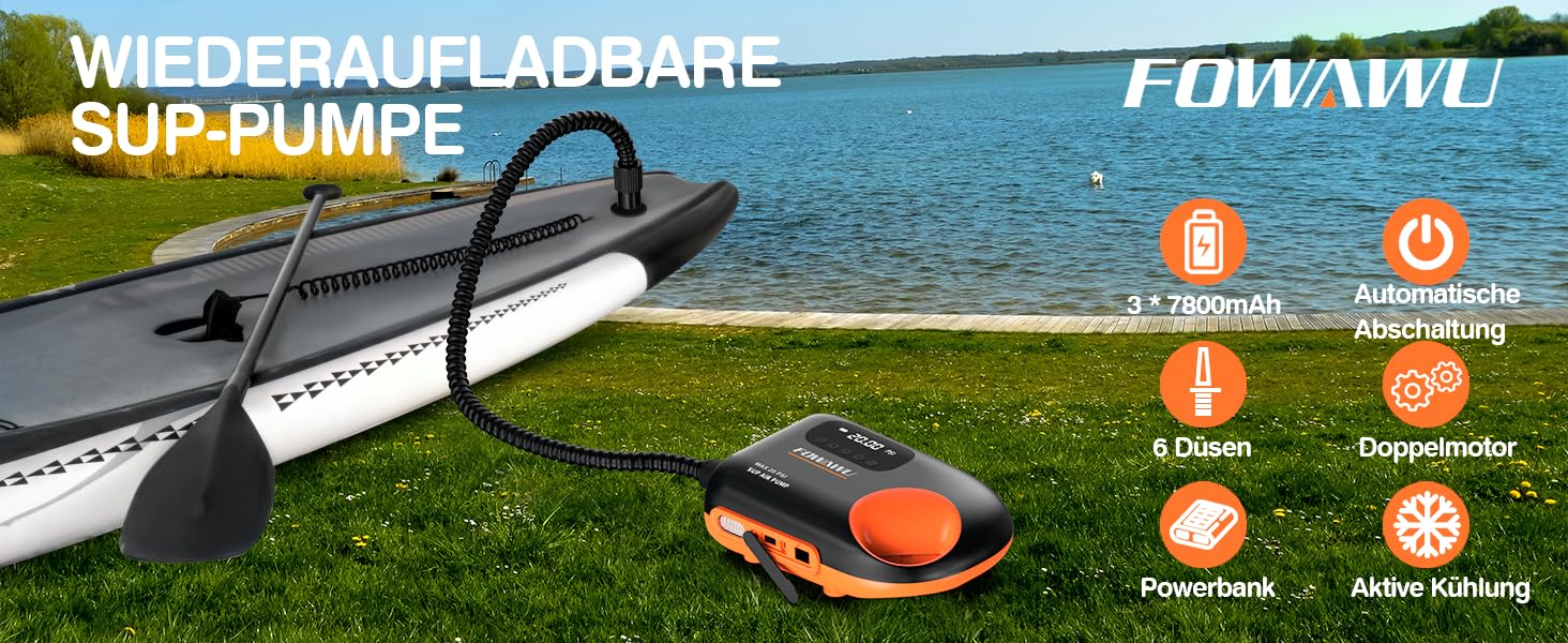 Насос FOWAWU 20PSI 12V DC для SUP, човнів та каяків: активне охолодження, автоматичне надування/здування