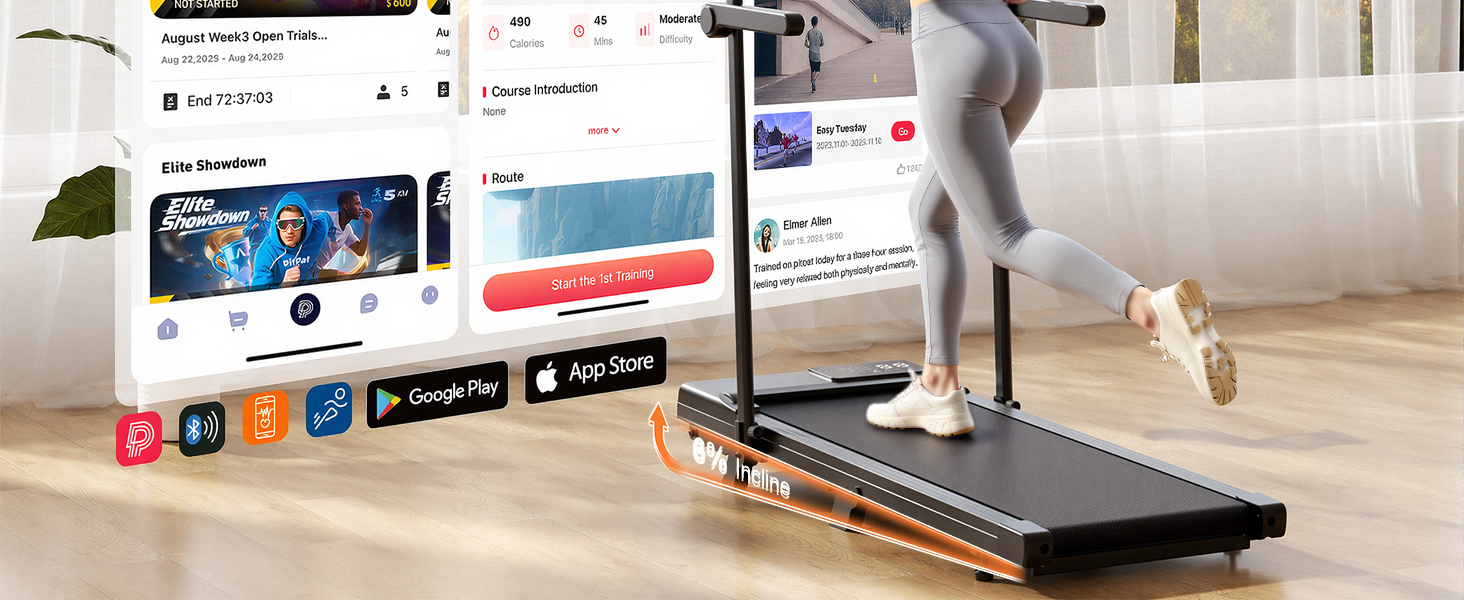 Біговий килимок Superun з нахилом 6% – бігове полотно для дому 2.5 PS з додатком та пультом дистанційного керування – біговий стіл max 136 кг з мульти-режимом та тренувальними курсами 110 см. Чорний