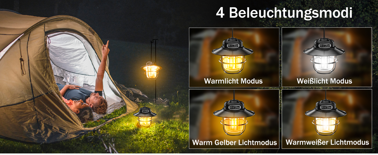 LED кемпінговий ліхтар: портативна налобний ліхтар для кемпінгу, риболовлі, з 4 режимами освітлення, регулюванням яскравості, водонепроникний (IP65), USB-зарядка, чорний