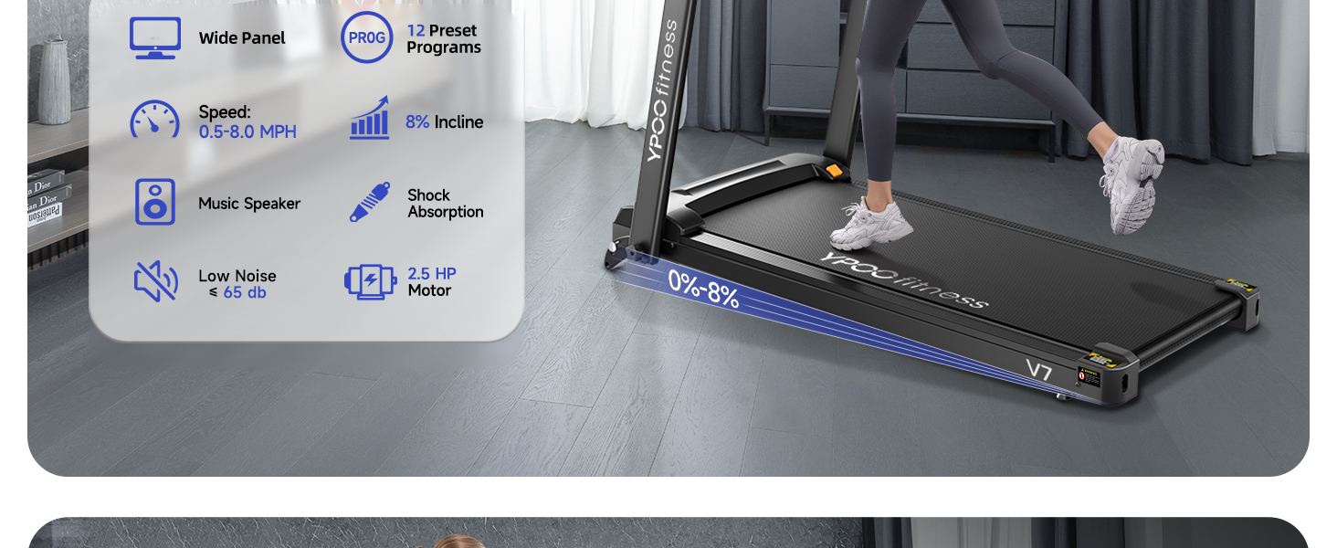 Біговий тренажер YPOO для дому, складаний з нахилом 8%, тихий до 13 км/год з великою поверхнею для бігу, 2.5 HP з LED-дисплеєм та APP, максимальне навантаження 140 кг