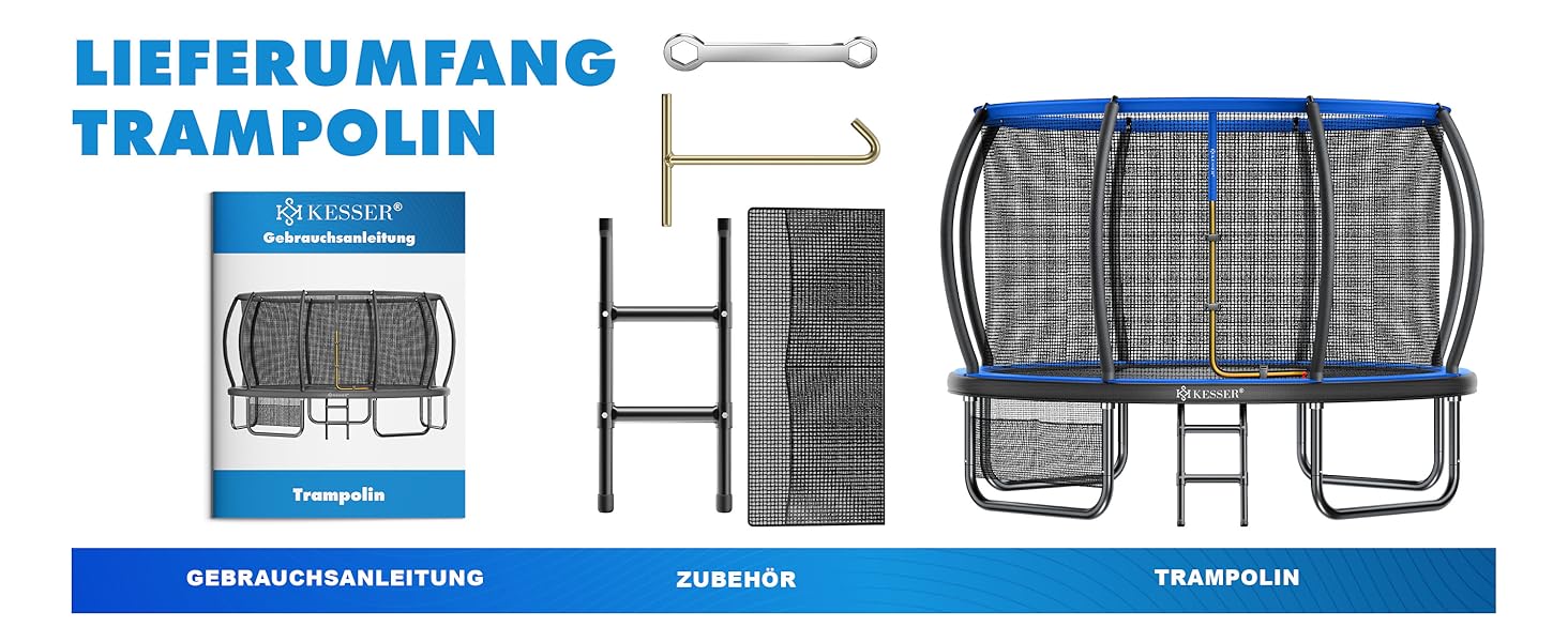 Трамплін KESSER® Outdoor для дітей та дорослих, діаметр 244/305/366/427 см, з сертифікатом GS, безпечне сітко, сходи, захисний борт, подушки на стійках (блакитний)