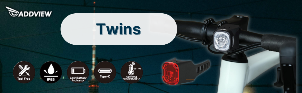 Набір велоліхтарів ADDVIEW, сертифікований StVZO, LED, IP65, водонепроникний - передній + задній ліхтар, USB Type-C, монтаж без інструментів, Twins