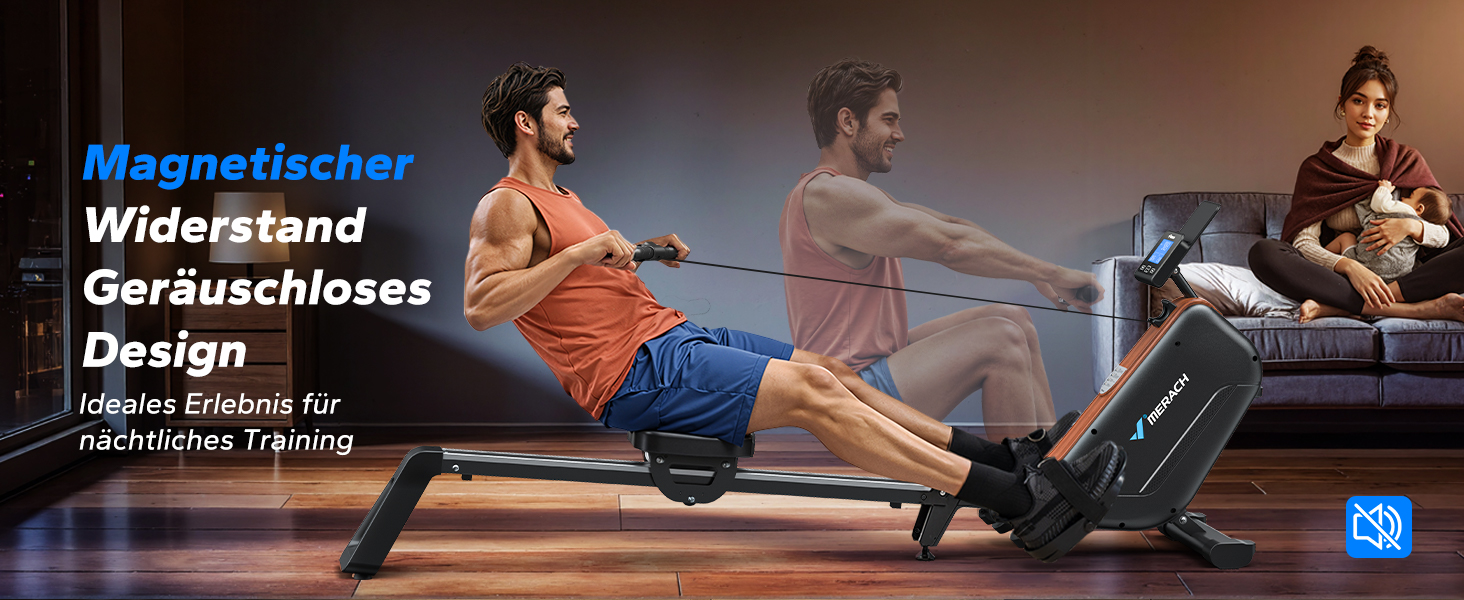 Гребний тренажер MERACH для дому, складаний, з магнітним приводом, тихий, з додатком, подовжені направляючі рейки, електричне регулювання (Plug-in)
