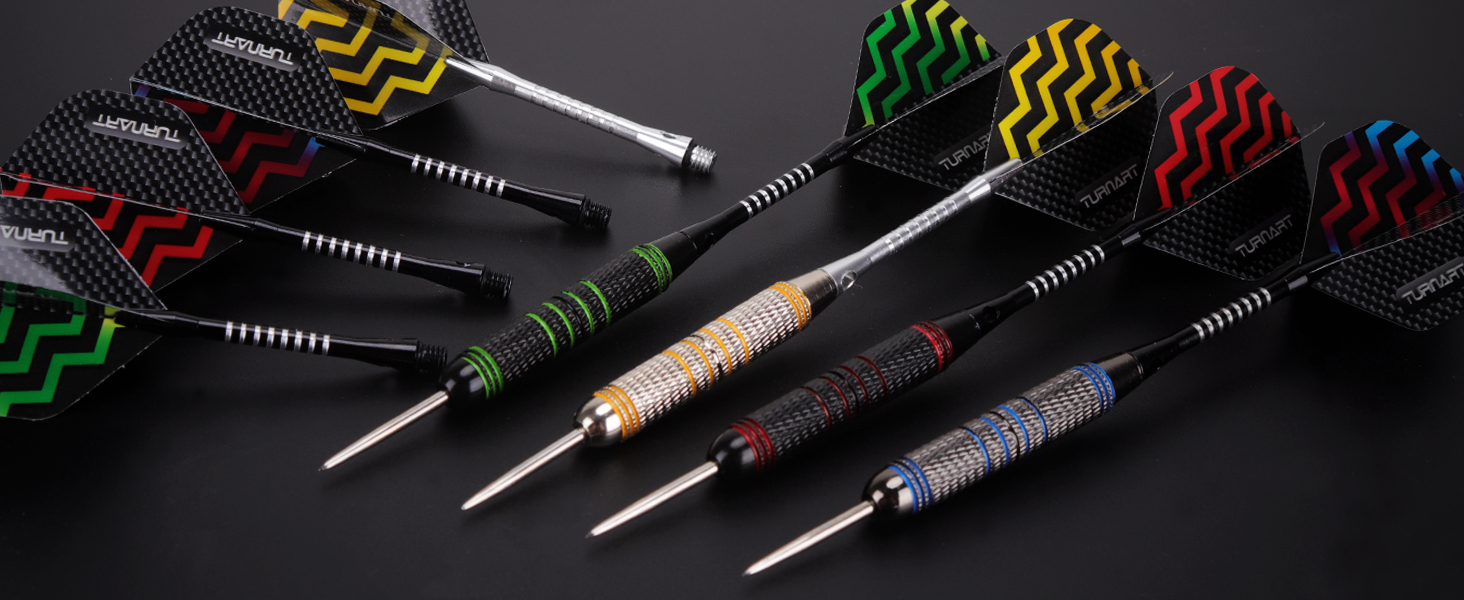 Дарти сталеві Turnart Dartpfeile, 12 шт, 24 г, професійні, з алюмінієвими дротиками та 24 пір'ями, кільця проти втрати