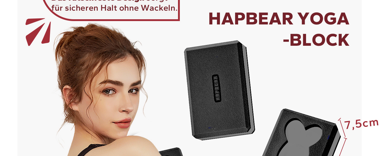 Набір йога-блоків HAPBEAR (2 шт), 23×15×7,5 см, EVA-піна, протиковзкі ергономічні блоки для пілатесу та розтяжки, чорно-сірі, з ременем та масажним м'ячиком