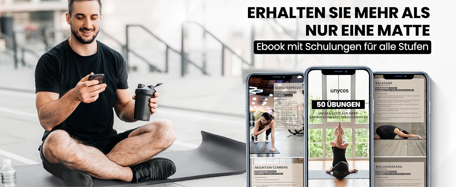 Йога мат Unycos: неслизька, високої щільності (6/10/15 мм) з ременем для перенесення. Підходить для пілатесу, фітнесу та гімнастики. Розмір: 183*60*1.5 см, колір сірий (#10). В комплекті E-Book