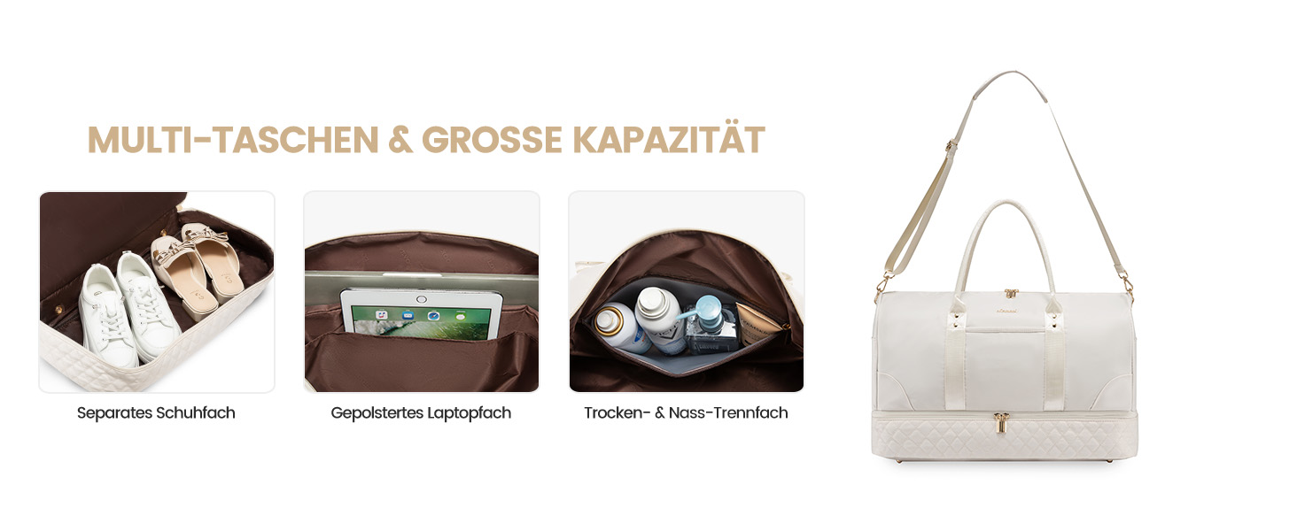 Сумка-мішок LOVEVOOK для жінок, дорожня сумочка-вікендер з відділенням для взуття та мокрих речей, 2 шт. у наборі, велика спортивна сумка, ручна поклажа для подорожей літаком, фітнесу, йоги, бежева, L (35 л)