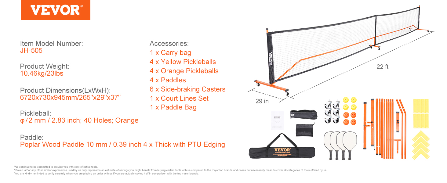 Набір для піклболу VEVOR: портативна система, сітка, м'ячі, ракетки, лінії поля та аксесуари (6,7 м, вологостійкий)