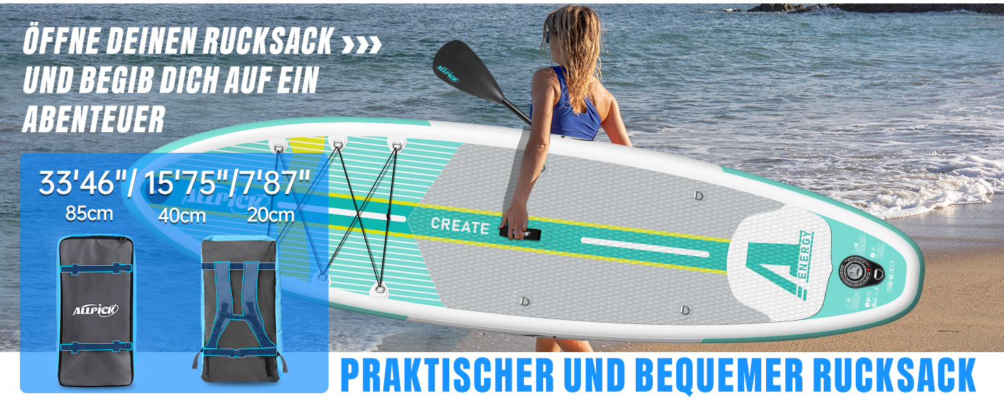 Надувний SUP-борд ALLPICK Premium Set: Комплектація для веслування, камера, аксесуари, регульоване весло (200 кг, свіжий м'ятний)