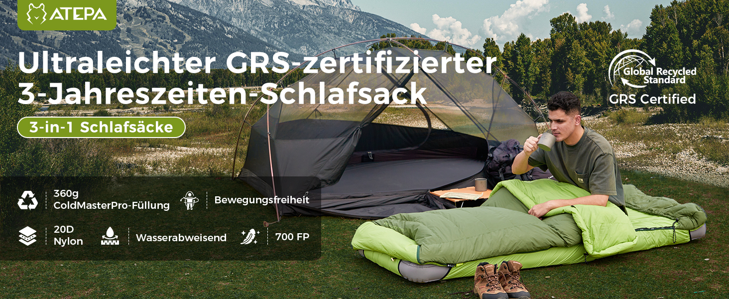 Спальний мішок ATEPA Ultraleicht Daunenschlafsack: Легкий, 3-сезонний (12°C/6°C/-1°C), Водовідштовхуючий, для кемпінгу, трекінгу та подорожей, з компресійним мішком