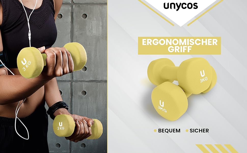 Neoprenові гантелі unycos 2 шт. по 3 кг, жовті, антиковзкі, для фітнесу та силових тренувань, зручна ручка, круглі