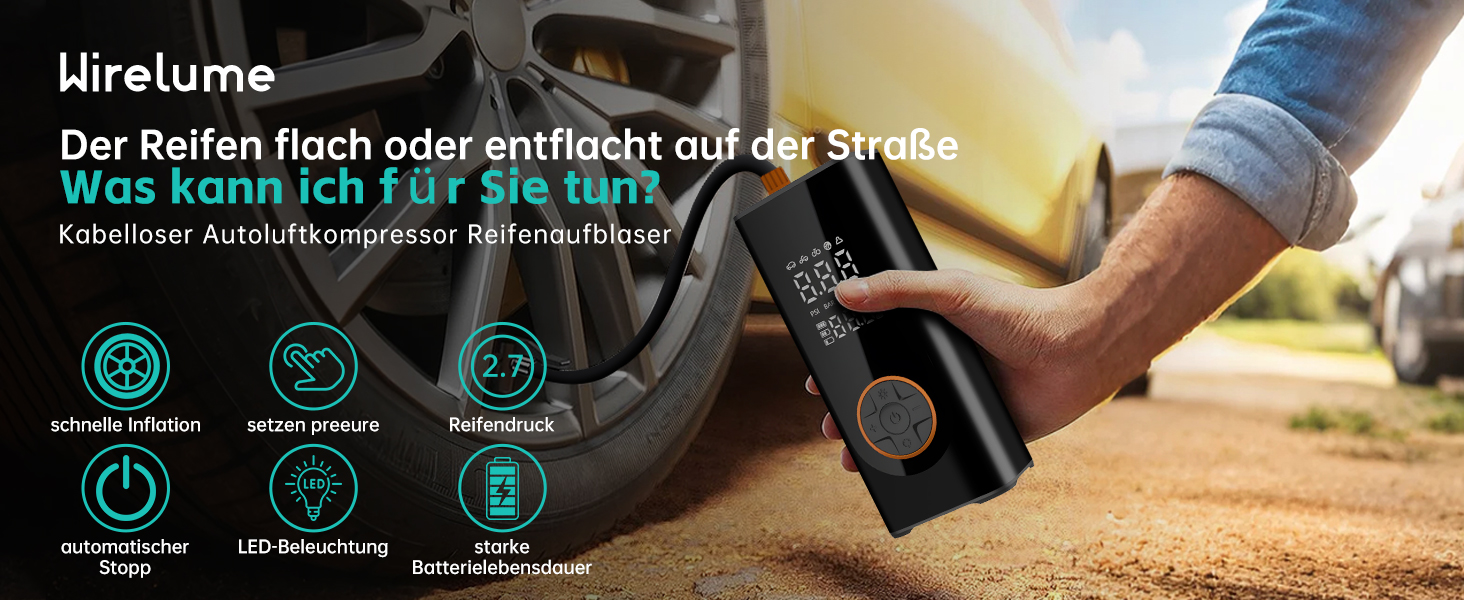 Бездротова електрична повітряна помпа 150 PSI, 6000mAh, компресор для велосипедів, мініатюрна портативна помпа з LED-ліхтариком та автостопом, перезаряджувана помпа для авто, DC 12V