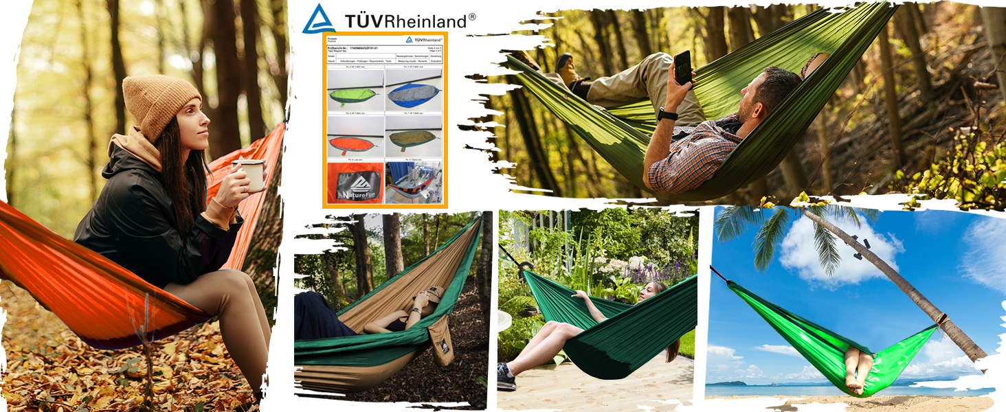 Гамак для кемпінгу NATUREFUN | Легкий, 300 кг, 275x140 см, дихаючий, швидковисихаючий, нейлон, 2 карабіни, 2 петлі, для дому та саду
