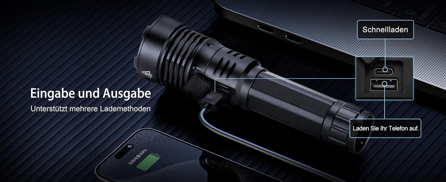 Тактичний ліхтарик ASORT 500000 люмен: USB-зарядний, Zoom, 6 режимів, водонепроникний IP67, з чохлом для кемпінгу та туризму