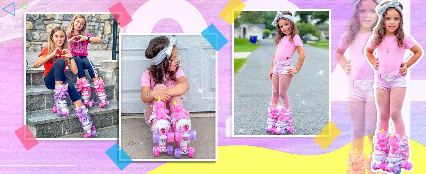 Дитячі ролики Kinder Einhorn для дівчаток, 4 розміри, регульовані, з підсвічуванням, ролики Quad для початківців, подарунок на Різдво/День народження (S(30~33), Рожевий)