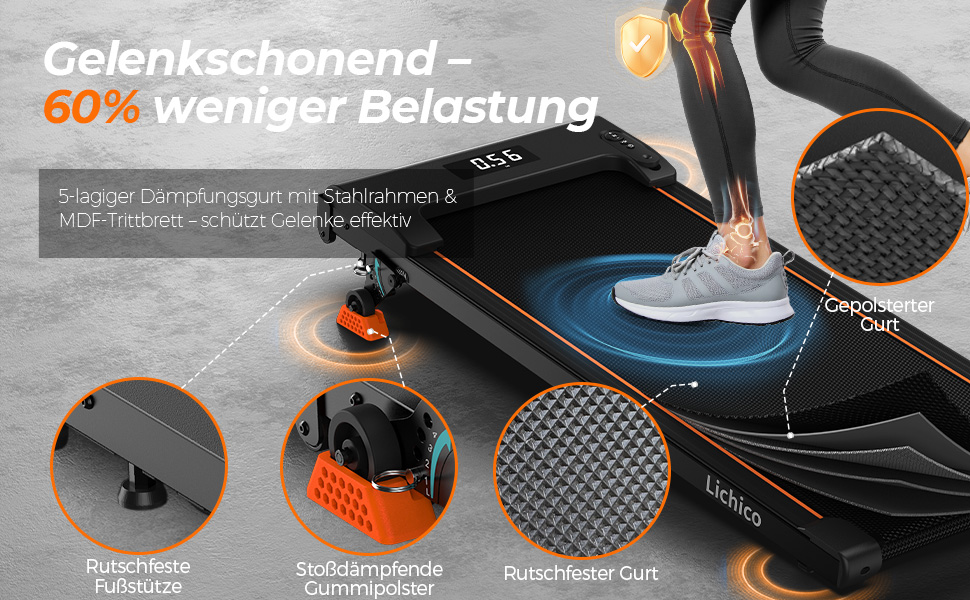 Біговий доріжка Lichico Walking Pad з регулюванням нахилу 9%, Bluetooth, LED дисплей, 2.5HP для дому та офісу